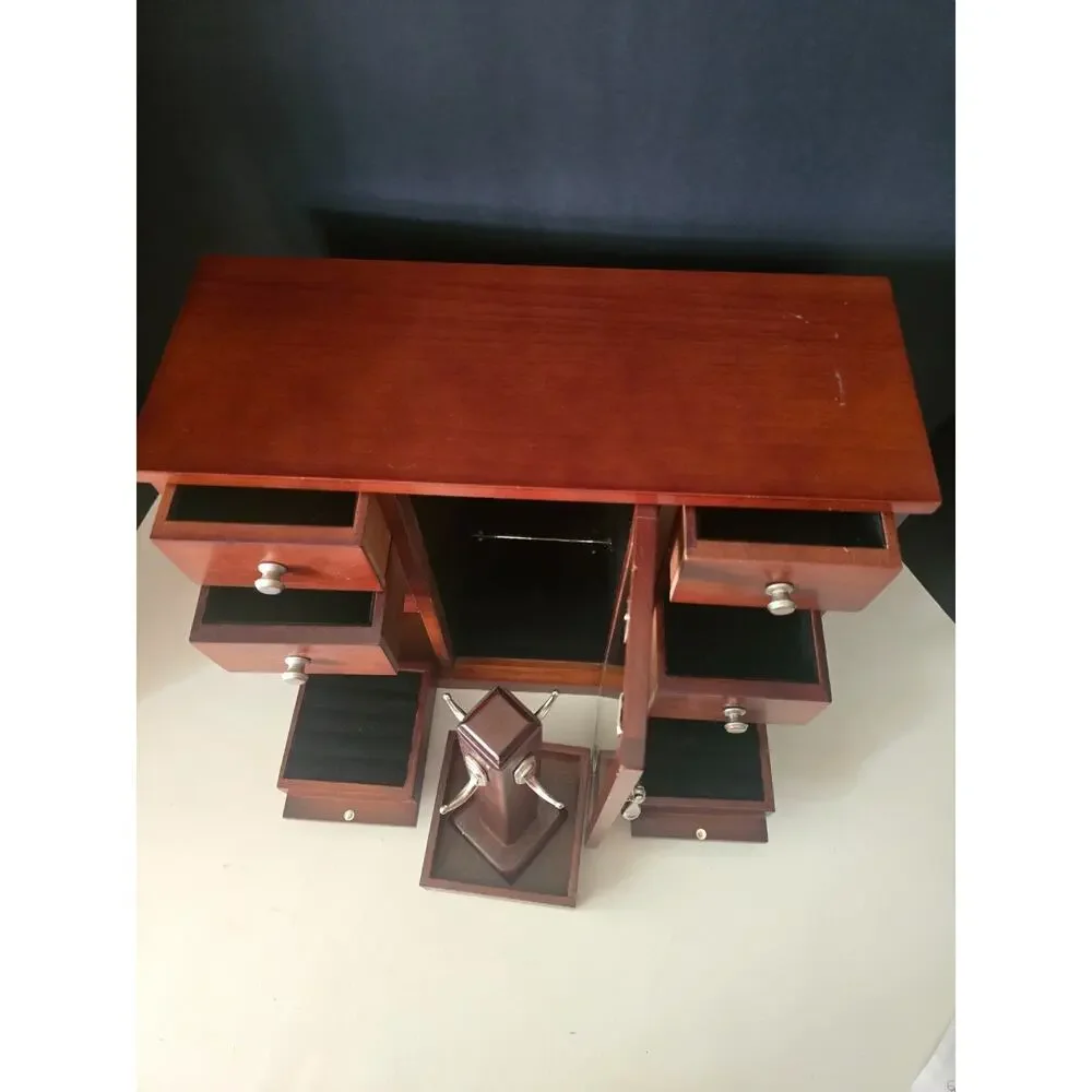 Brown Wooden Jewelry Box w/Mirror Necklace Hooks Drawers